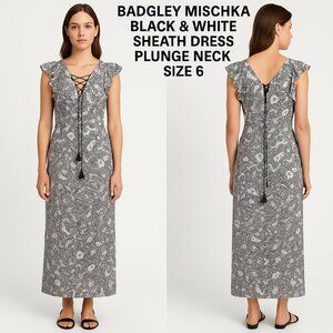 Badgley Mischka Black & White Sheath Dress Plunge Neck Size 6